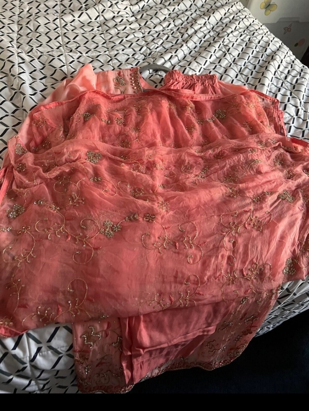 Rhinestone And Mirror Work Coral Salwar Shalwar Kameez - Picture 9 of 11